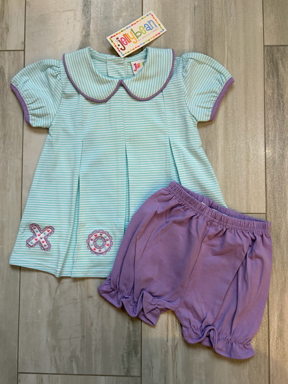 NWT JellyBean Purple & Aqua Stripe Embroidered Valentine XOXO Bloomer Set 18M